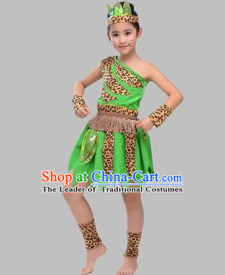 Traditional Chinese Classical Dance Costume, Children Folk Dance Hunter Uniform Green Clothing for Kids