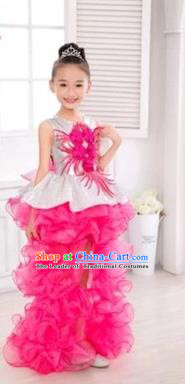 Top Grade Chinese Compere Professional Performance Catwalks Costume, Children Flower Faerie Veil Bubble Dress Modern Dance Rosy Tailing Dress for Girls Kids