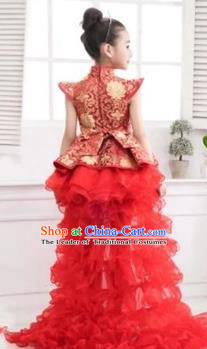 Top Grade Chinese Compere Professional Performance Catwalks Costume, Chinese Children Red Veil Bubble Dress Drum Dance Tailing Dress for Girls Kids