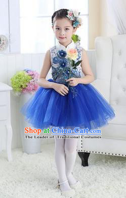 Top Grade Chinese Compere Professional Performance Catwalks Costume, Children Modern Dance Royalblue Veil Bubble Dress for Girls Kids