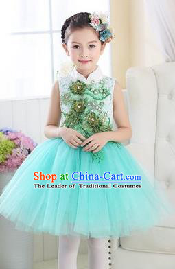 Top Grade Chinese Compere Professional Performance Catwalks Costume, Children Modern Dance Light Blue Veil Bubble Dress for Girls Kids