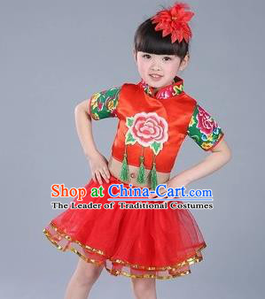 Traditional Chinese Classical Dance Yangge Fan Dance Costume, Children Folk Dance Drum Dance Uniform Yangko Red Clothing for Kids