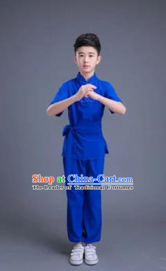 Traditional Chinese Classical Dance Martial Arts Costume, Children Folk Dance Drum Dance Uniform Kung Fu Blue Clothing for Kids