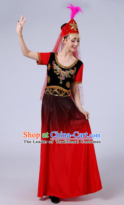 Traditional Chinese Uyghur Nationality Dance Costume, Folk Dance Ethnic Costume, Chinese Minority Nationality Uigurian Dance Dress for Women