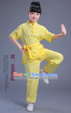 Traditional Chinese Classical Dance Martial Arts Costume, Children Folk Dance Drum Dance Uniform Kung Fu Yellow Clothing for Kids