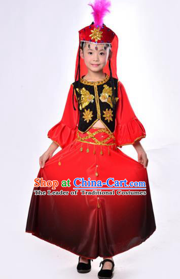 Traditional Chinese Uyghur Nationality Dance Costume, Children Folk Dance Ethnic Costume, Chinese Minority Nationality Uigurian Dance Dress for Kids