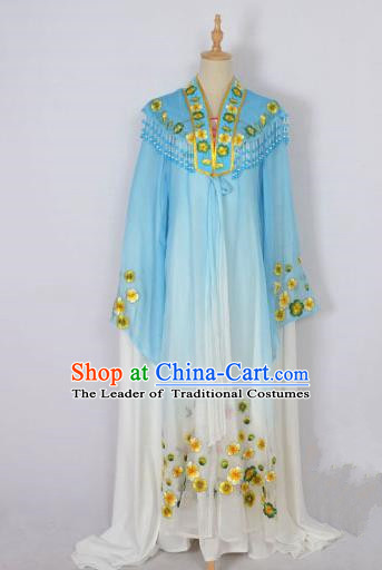 Traditional Chinese Professional Peking Opera Shaoxing Opera Costume Embroidery Blue Mantel, China Beijing Opera Female Diva Clothing Long Shawl Dress