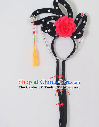 Traditional Handmade Chinese Classical Peking Opera Young Lady Hair Accessories and Wigs, China Beijing Opera Maidservants Diva Red Flower Headwear