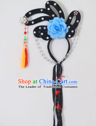 Traditional Handmade Chinese Classical Peking Opera Young Lady Hair Accessories and Wigs, China Beijing Opera Maidservants Diva Blue Flower Headwear