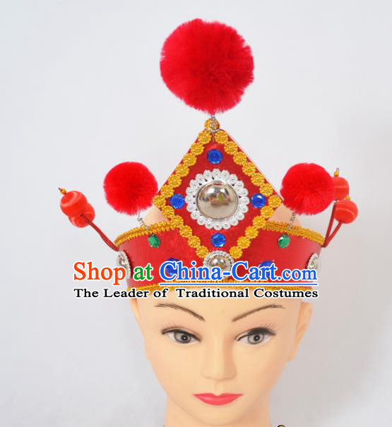 Traditional Handmade Chinese Classical Peking Opera Female General Red Hat, China Beijing Opera Warrior Takefu Headwear