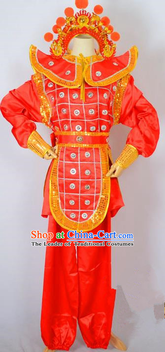 Traditional Chinese Professional Peking Opera Takefu Costume and Headwear, China Beijing Opera Shaoxing Opera Children Niche Warrior Red Clothing