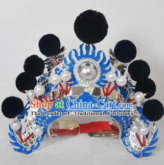 Traditional Handmade Chinese Classical Peking Opera Blues Accessories Black Venonat Hat, China Beijing Opera Swordplay Warriors Blue Headwear