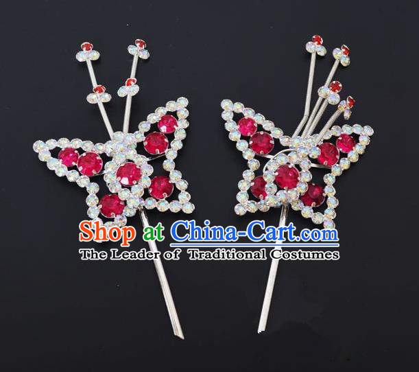 Traditional Handmade Chinese Classical Peking Opera Diva Hair Accessories, China Beijing Opera Hua Tan Rosy Crystal Butterfly Hairpins Headwear