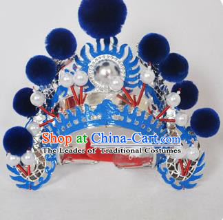 Traditional Handmade Chinese Classical Peking Opera Blues Accessories Royalblue Venonat Hat, China Beijing Opera Swordplay Warriors Blue Headwear