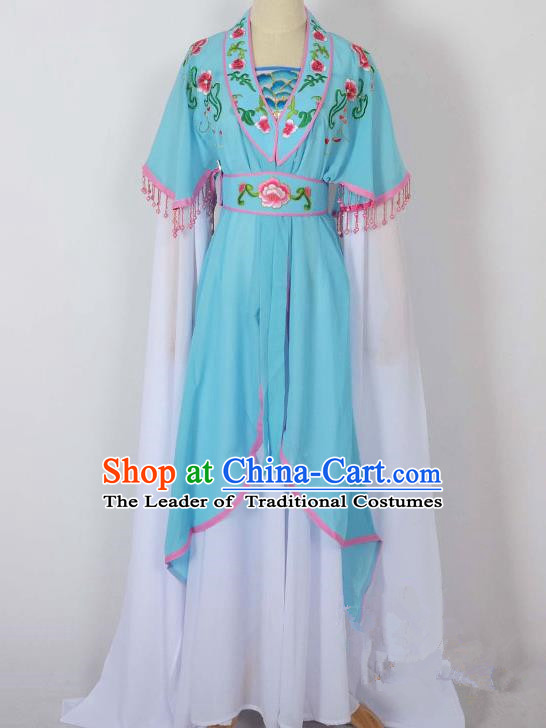 Traditional Chinese Professional Peking Opera Young Lady Costume Embroidery Blue Dress, China Beijing Opera Diva Hua Tan Water Sleeve Clothing