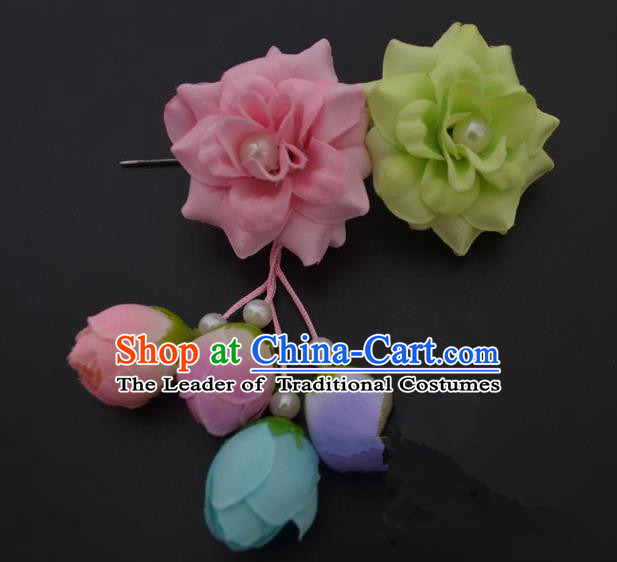 Traditional Handmade Chinese Classical Peking Opera Young Lady Hua Tan Hair Accessories Pink and Green Temples Flowers, China Beijing Opera Diva Princess Headwear Tassel Hairpins