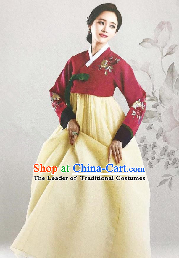 Traditional Korean Handmade Embroidery Mother Hanbok, Top Grade Korea Hanbok Wedding Red Costume for Women