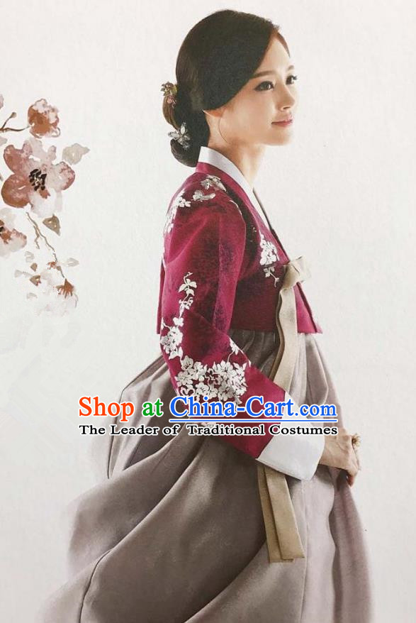 Traditional Korean Handmade Embroidery Bride Hanbok Red Full Dress, Top Grade Korea Hanbok Wedding Costume for Women