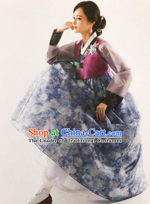 Traditional Korean Handmade Embroidery Bride Hanbok Printing Blue Full Dress, Top Grade Korea Hanbok Wedding Costume Complete Set for Women