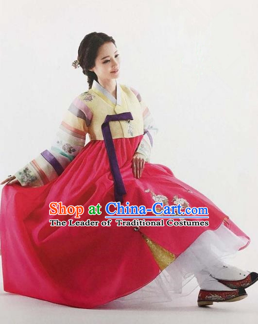 Traditional Korean Handmade Embroidery Bride Hanbok Full Dress, Top Grade Korea Hanbok Wedding Costume Complete Set for Women