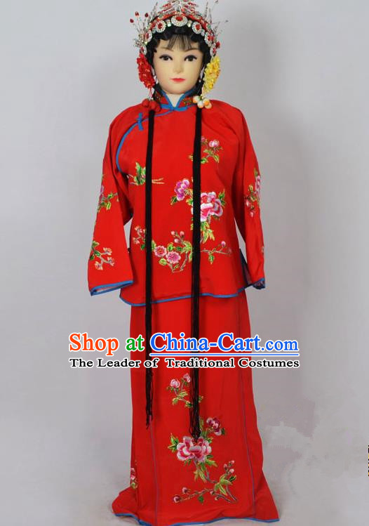 Traditional Chinese Professional Peking Opera Jordan-Sitting Costume Red Embroidery Dress, Children China Beijing Opera Diva Hua Tan Embroidered Maidservants Clothing