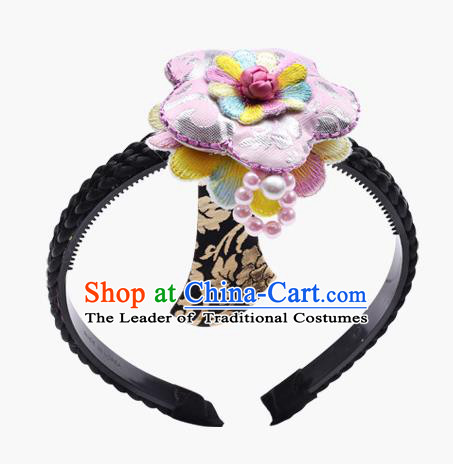 Traditional South Korean Handmade Embroidery Hair Accessories Pink Headband, Top Grade Korea Children Hair Clasp Headwear for Kids