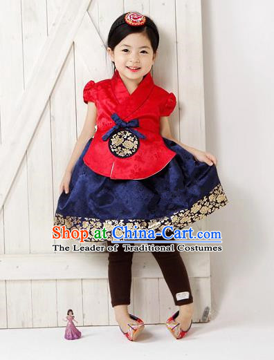 Traditional South Korean Handmade Hanbok Children Navy Birthday Dress, Top Grade Korea Hanbok Costume Complete Set for Kids