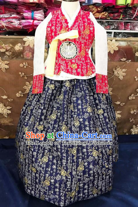 Traditional South Korean Handmade Hanbok Children Navy Birthday Dress, Top Grade Korea Hanbok Costume Complete Set for Girls
