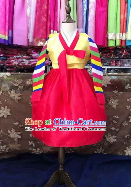 Traditional South Korean Handmade Hanbok Children Birthday Red Dress, Top Grade Korea Hanbok Costume Complete Set for Girls