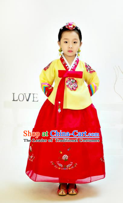 Traditional South Korean Handmade Hanbok Children Birthday Yellow Blouse Dress, Top Grade Korea Hanbok Costume Complete Set for Girls