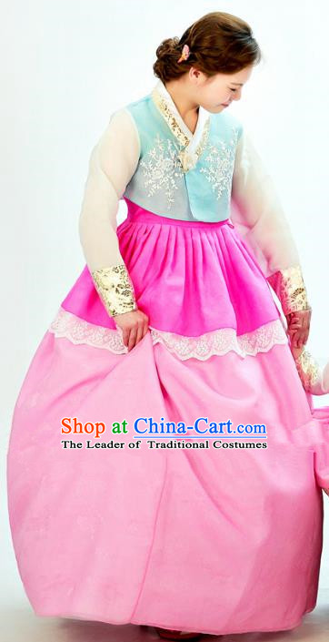 Traditional South Korean Handmade Hanbok Embroidery Pink Clothing, Top Grade Korea Hanbok Costume Complete Set for Women