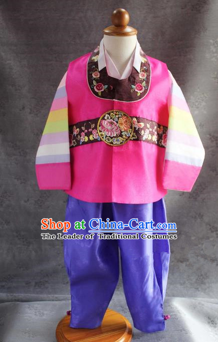 Traditional South Korean Handmade Hanbok Children Baby Birthday Rosy Clothing, Top Grade Korea Hanbok Costume Complete Set for Boys