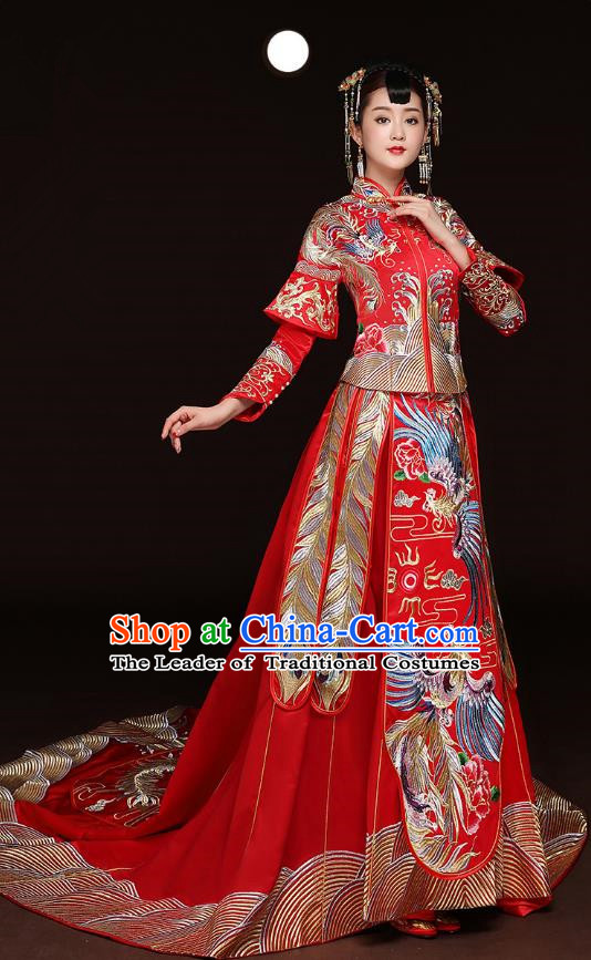 Traditional Ancient Chinese Wedding Costume Handmade Embroidery Trailing Dress Xiuhe Suits, Chinese Style Wedding Dress Red Flown Bride Toast Cheongsam for Women