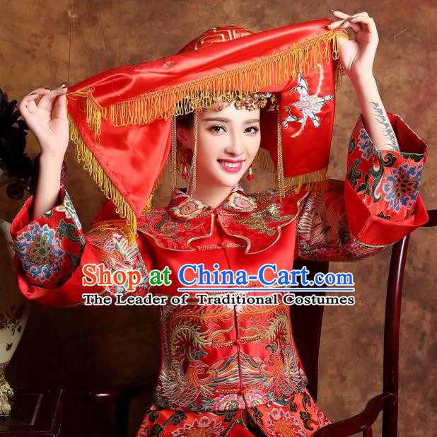 Traditional Ancient Chinese Wedding Embroidery Tassel Red Veil, Chinese Style Wedding Red Bridal Veil for Women