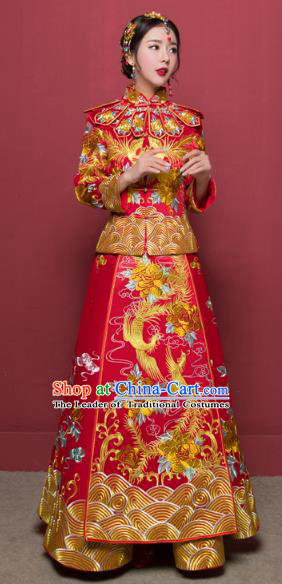 Traditional Ancient Chinese Wedding Costume Handmade Delicacy Full Embroidery Dragon and Phoenix XiuHe Suits, Chinese Style Wedding Dress Flown Bride Toast Cheongsam for Women