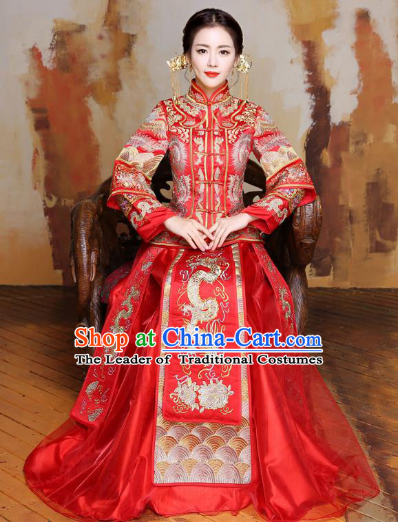 Traditional Ancient Chinese Wedding Costume Handmade Delicacy Embroidery Longfeng Flown XiuHe Suits, Chinese Style Hanfu Wedding Dress Bride Toast Cheongsam for Women