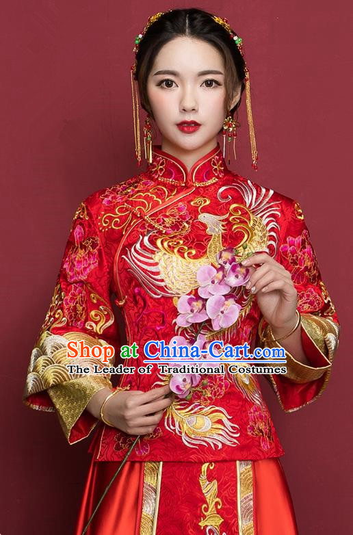 Traditional Ancient Chinese Wedding Costume Handmade Delicacy Embroidery Phoenix XiuHe Suits Plated Buttons Dress, Chinese Style Hanfu Wedding Bride Toast Cheongsam for Women