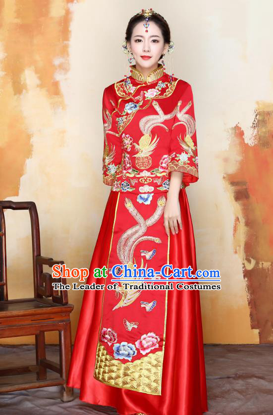 Traditional Ancient Chinese Wedding Costume Handmade Delicacy Embroidery Phoenix Peony XiuHe Suits, Chinese Style Hanfu Wedding Bride Toast Cheongsam for Women