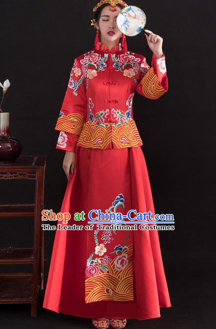 Traditional Ancient Chinese Wedding Costume Handmade Delicacy Full Embroidery Peony Red XiuHe Suits, Chinese Style Hanfu Wedding Bride Toast Cheongsam for Women