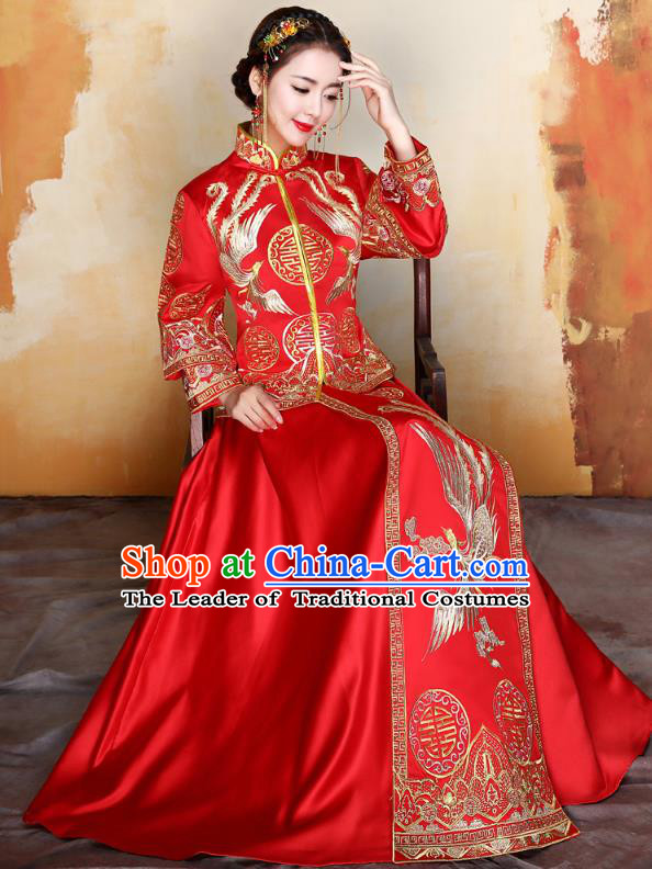 Traditional Ancient Chinese Wedding Costume Handmade Delicacy Embroidery Phoenix XiuHe Suits Longfeng Flown, Chinese Style Hanfu Wedding Toast Cheongsam for Women
