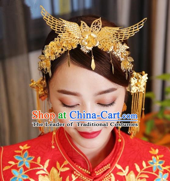 Traditional Handmade Chinese Ancient Classical Hair Accessories Bride Wedding Tassel Phoenix Coronet Hair Comb, Xiuhe Suit Hair Jewellery Hair Fascinators Hairpins for Women
