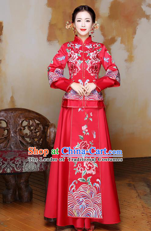 Traditional Ancient Chinese Wedding Costume Handmade Delicacy XiuHe Suits Embroidery Peony Palace Bottom Drawer Cheongsam Dress, Chinese Style Hanfu Wedding Bride Hanfu Clothing for Women