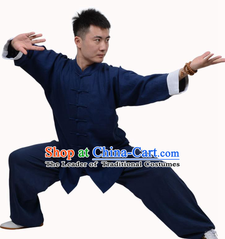 Top Martial Arts Costume Kung Fu Training Clothing, Tai Ji Plated Buttons Navy Uniform Gongfu Wushu Costume  for Women for Men