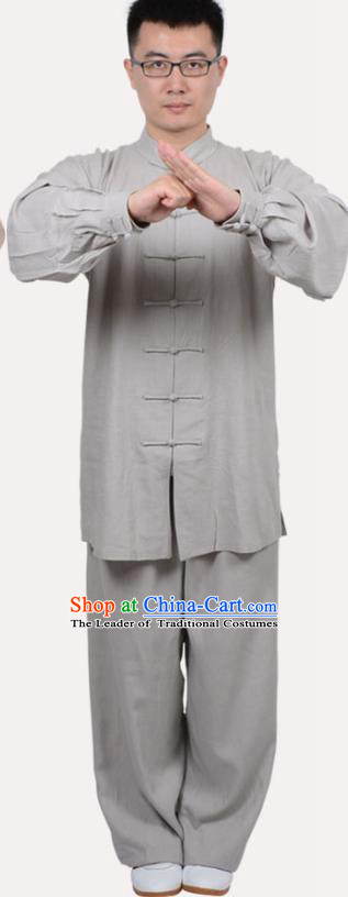 Top Grade Linen Martial Arts Costume Kung Fu Training Clothing, Tai Ji Embroidery Grey Uniform Gongfu Wushu Costume  for Women for Men