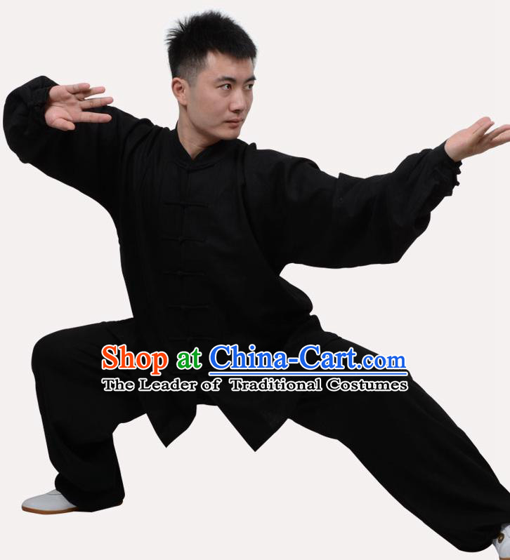 Top Grade Linen Martial Arts Costume Kung Fu Training Clothing, Tai Ji Embroidery Black Uniform Gongfu Wushu Costume  for Women for Men