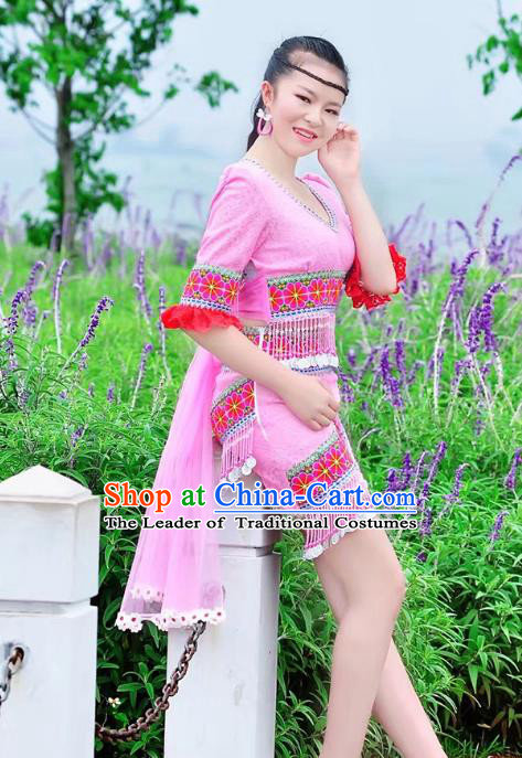 Traditional Chinese Miao Nationality Costume, Hmong Folk Dance Ethnic Pink Short Tassel Skirt, Chinese Minority Nationality Embroidery Clothing for Women