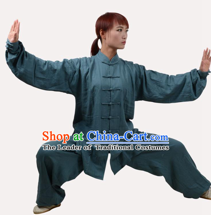 Top Grade Linen Martial Arts Costume Kung Fu Training Clothing, Tai Ji Peacock Blue Uniform Gongfu Wushu Costume for Women for Men