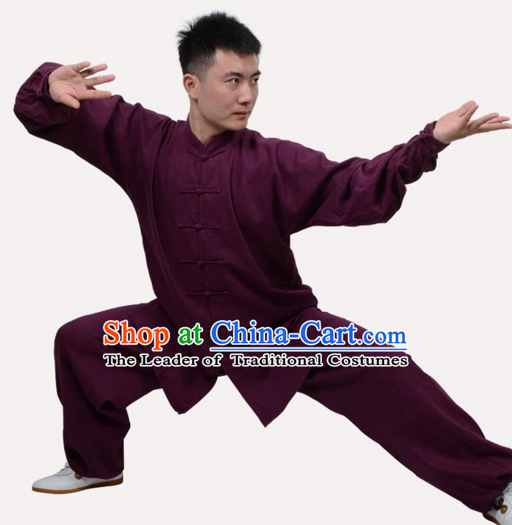 Top Grade Linen Martial Arts Costume Kung Fu Training Clothing, Tai Ji Purple Uniform Gongfu Wushu Costume for Women for Men