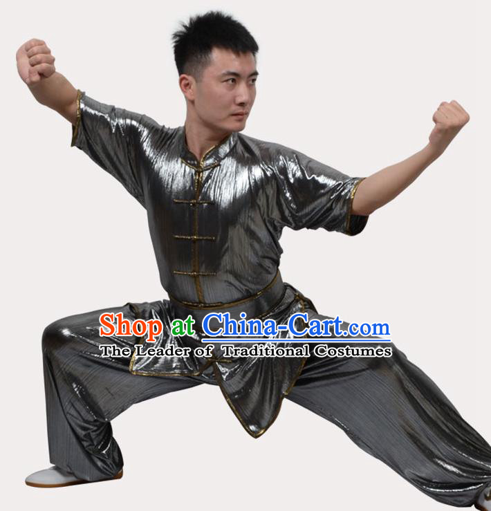Top Grade Linen Martial Arts Costume Kung Fu Training Plated Buttons Clothing, Tai Ji Southern Fist Sliver Uniform Gongfu Wushu Costume for Women for Men