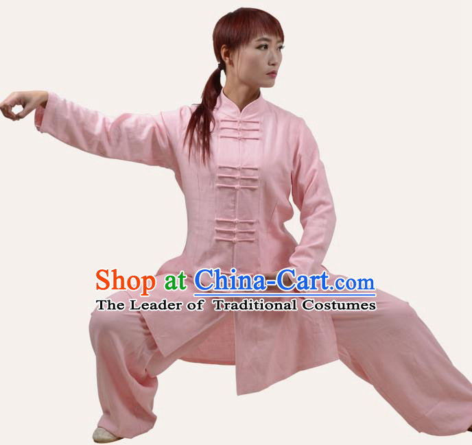 Top Grade Linen Martial Arts Costume Kung Fu Training Plated Buttons Clothing, Tai Ji Pink Uniform Gongfu Wushu Costume for Women for Men